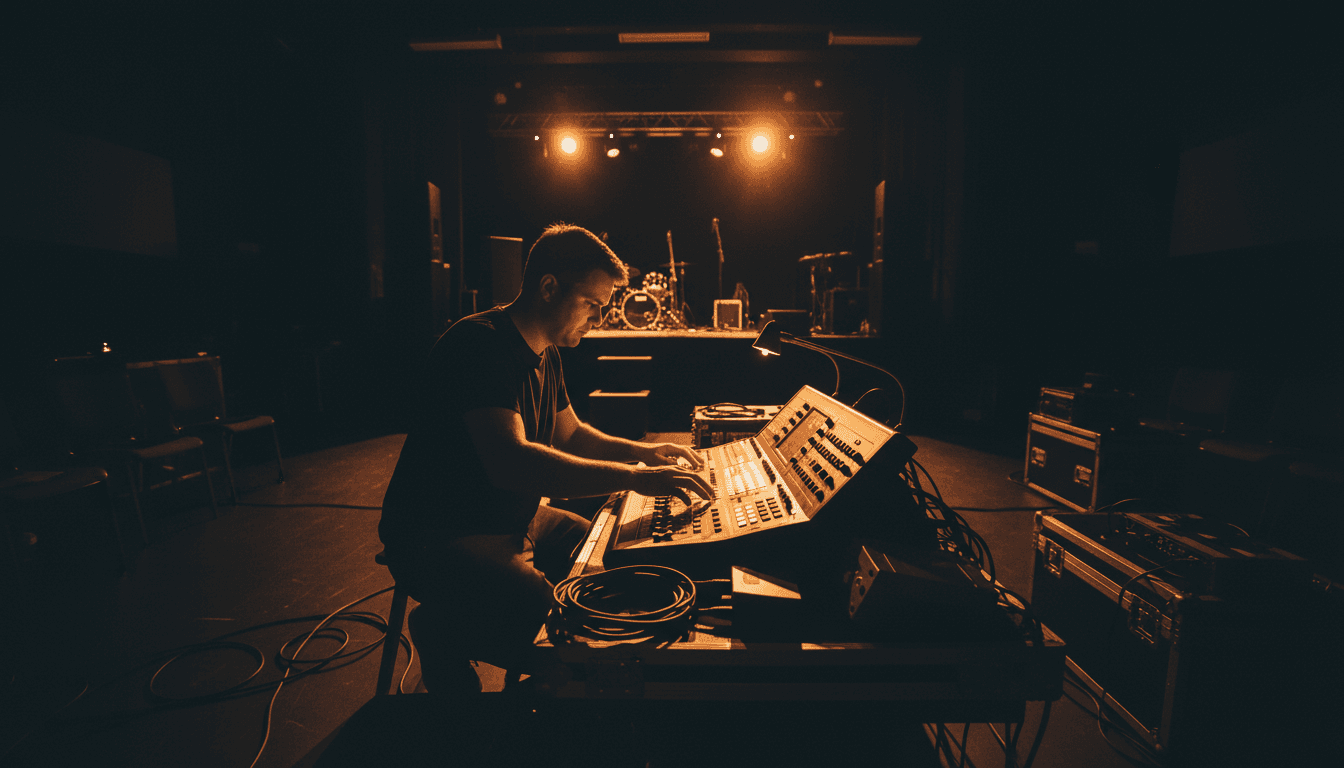 Technician adjusting a lighting console at an event stage