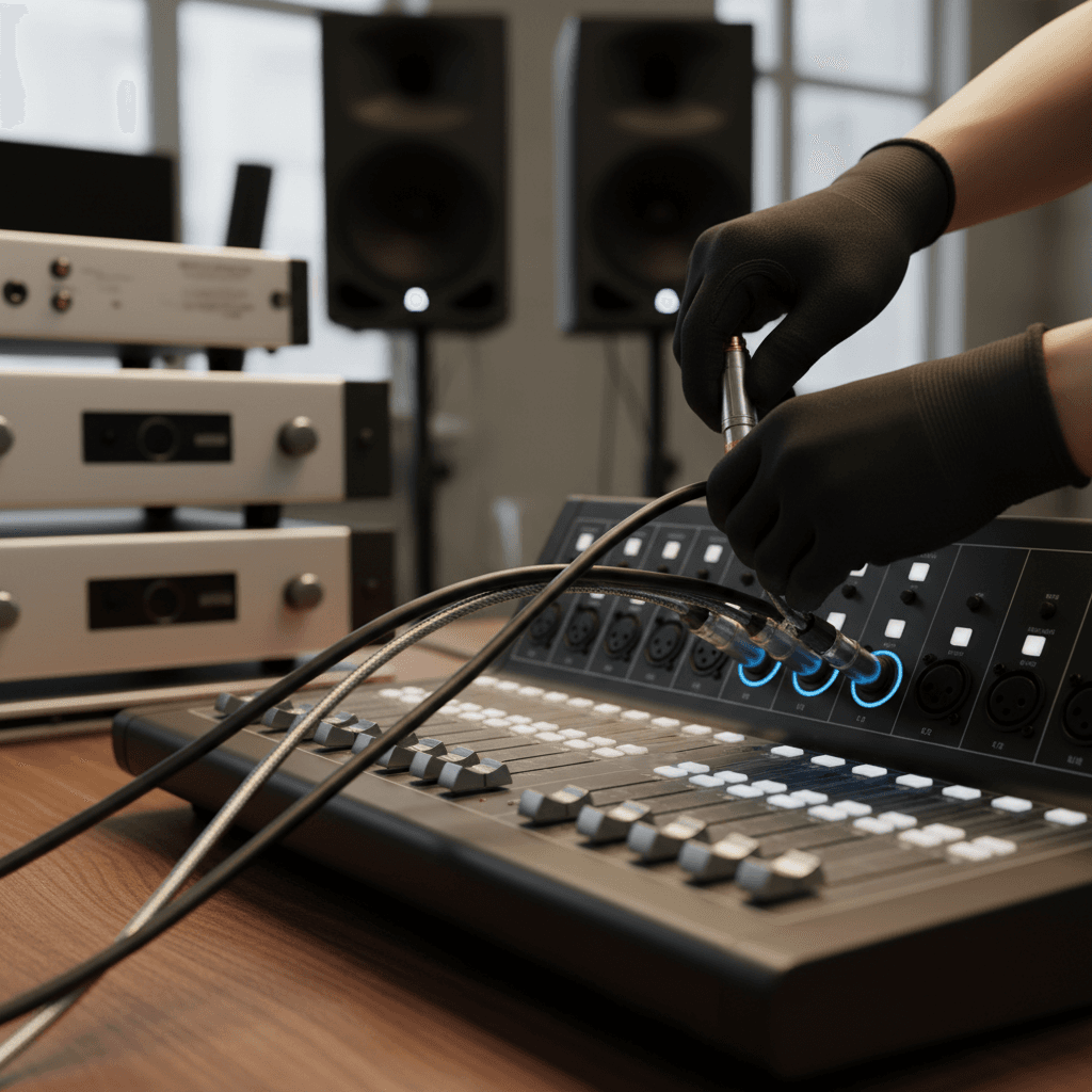 Technician testing a microphone cable on a stage