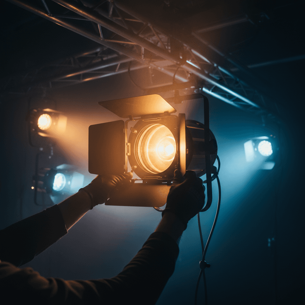 Technician adjusting a lighting console at a small venue