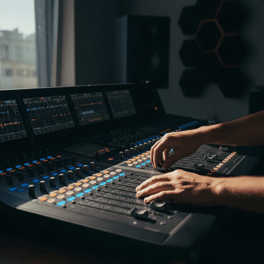 Professional audio mixer console with faders in warm stage light