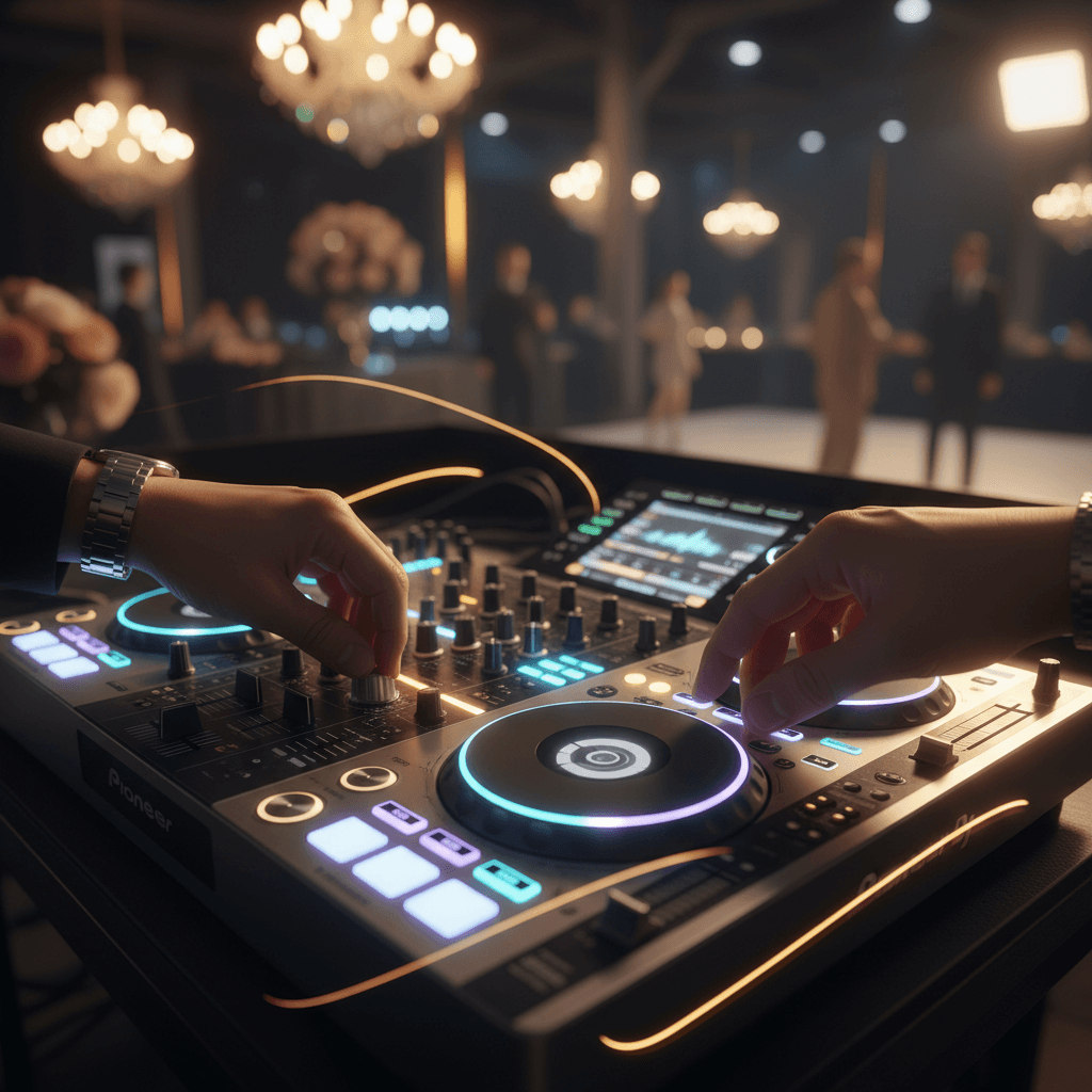 Technician hands adjusting a lighting console at an event